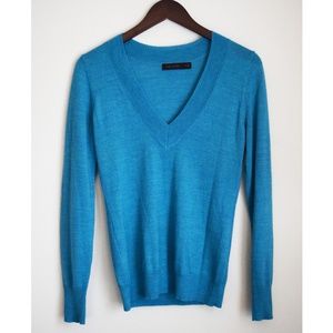 Merino Wool Blend Aqua Sea Blue V-Neck Sweater